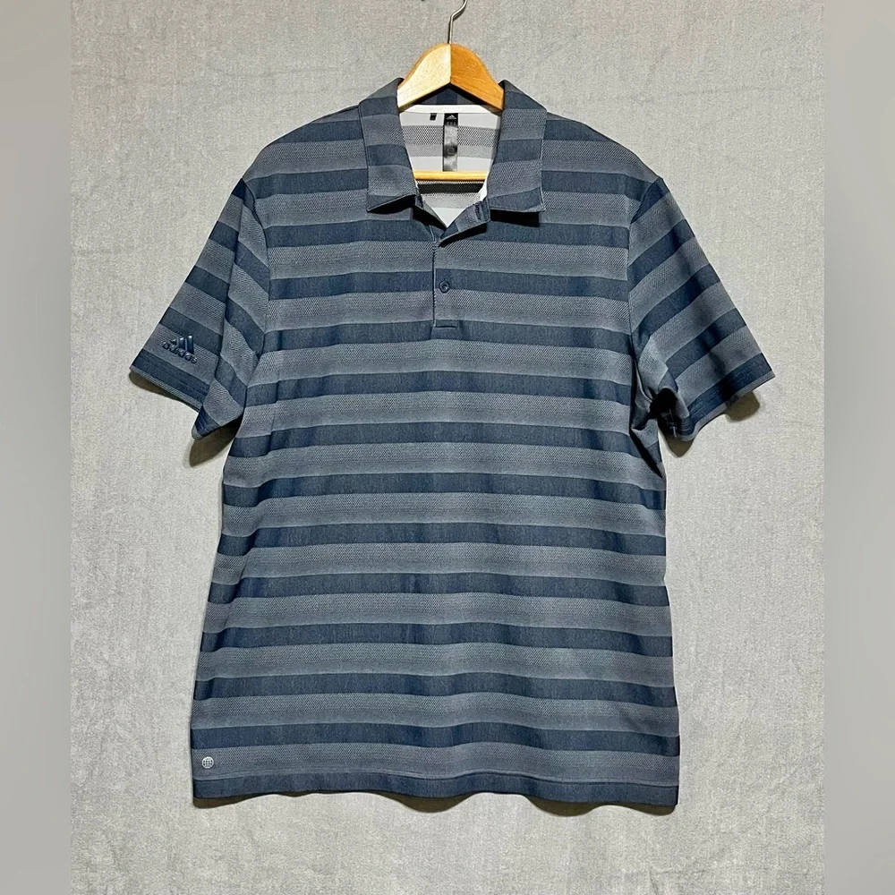 Adidas Men's Navy And Grey Striped Polo Shirt‎